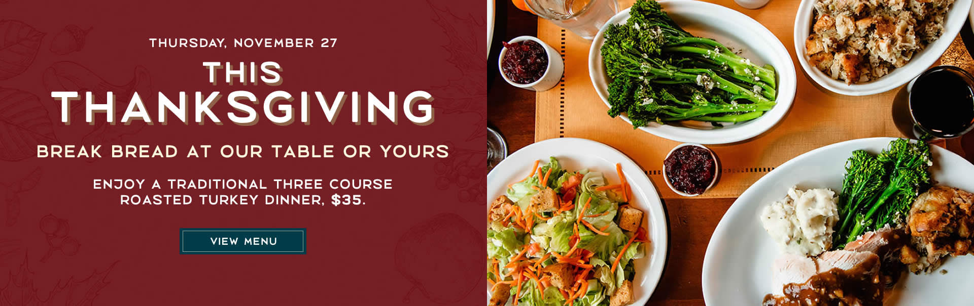 <p>Macaroni Grill This Thanksgiving<br />
Thursday, November 27, 2025<br />
Break Bread at Our Table or Yours<br />
Regular menu also available<br />
Dine-in and enjoy a traditional three-course Roasted Turkey Dinner or order your meal to-go.</p>

<p>Click Image to View Menu</p>
